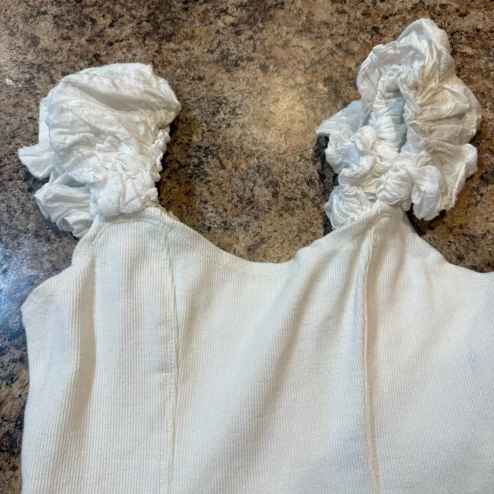 Anthropologie | Summer Preppy Ribbed Corset Puff Sleeve Cotton Tank Top Sz XS
